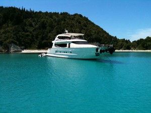 RYA anchored in bay in Greece